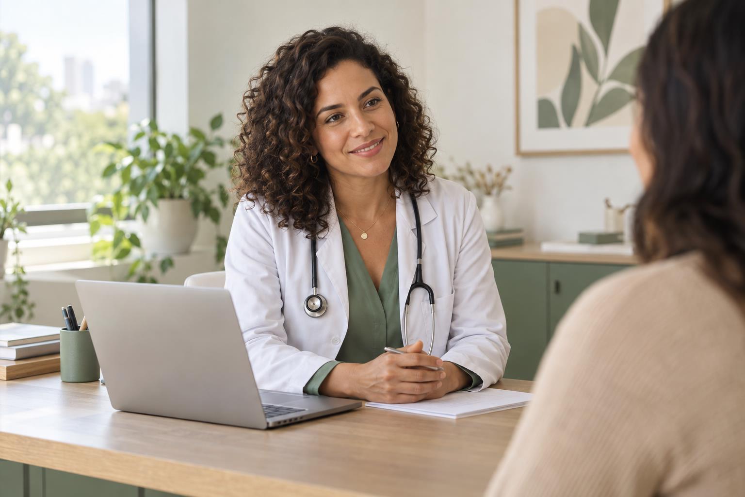 Médica conversando com uma paciente em uma clínica acolhedora